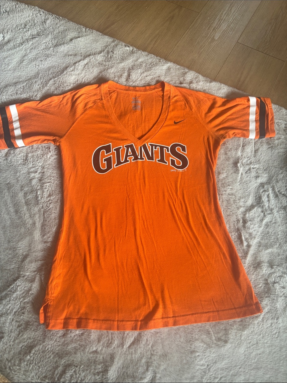 Nike Orange Giants V-Neck Tee with White Sleeve Stripes